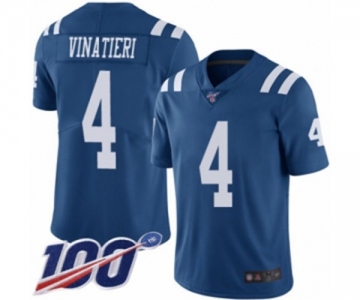 Men's Indianapolis Colts #4 Adam Vinatieri Limited Royal Blue Rush Vapor Untouchable 100th Season Football Jersey