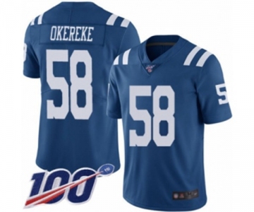 Men's Indianapolis Colts #58 Bobby Okereke Limited Royal Blue Rush Vapor Untouchable 100th Season Football Jersey