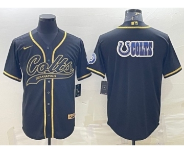 Men's Indianapolis Colts Black Gold Team Big Logo With Patch Cool Base Stitched Baseball Jersey