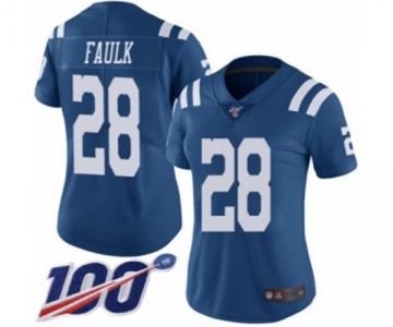 Women's Indianapolis Colts #28 Marshall Faulk Limited Royal Blue Rush Vapor Untouchable 100th Season Football Jersey