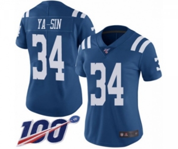 Women's Indianapolis Colts #34 Rock Ya-Sin Limited Royal Blue Rush Vapor Untouchable 100th Season Football Jersey