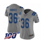 Women's Indianapolis Colts #36 Derrick Kindred Limited Gray Inverted Legend 100th Season Football Jersey