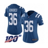 Women's Indianapolis Colts #36 Derrick Kindred Limited Royal Blue Rush Vapor Untouchable 100th Season Football Jersey