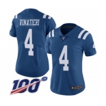 Women's Indianapolis Colts #4 Adam Vinatieri Limited Royal Blue Rush Vapor Untouchable 100th Season Football Jersey