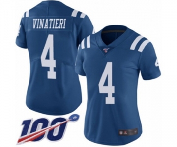 Women's Indianapolis Colts #4 Adam Vinatieri Limited Royal Blue Rush Vapor Untouchable 100th Season Football Jersey