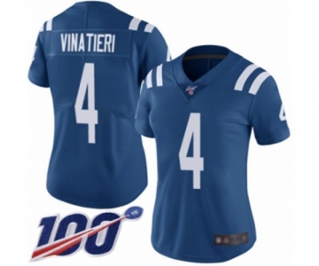 Women's Indianapolis Colts #4 Adam Vinatieri Royal Blue Team Color Vapor Untouchable Limited Player 100th Season Football Jersey