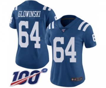 Women's Indianapolis Colts #64 Mark Glowinski Limited Royal Blue Rush Vapor Untouchable 100th Season Football Jersey