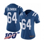 Women's Indianapolis Colts #64 Mark Glowinski Royal Blue Team Color Vapor Untouchable Limited Player 100th Season Football Jersey