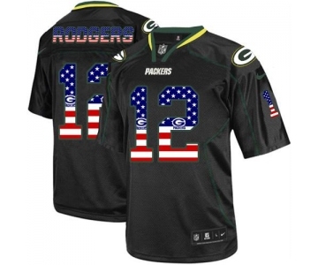 Men's Green Bay Packers #12 Aaron Rodgers Elite Black USA Flag Fashion Football Jersey