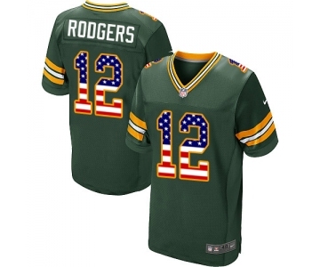 Men's Green Bay Packers #12 Aaron Rodgers Elite Green Home USA Flag Fashion Football Jersey