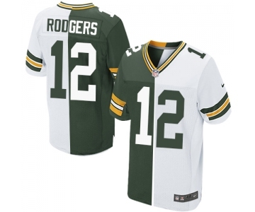 Men's Green Bay Packers #12 Aaron Rodgers Elite Green White Split Fashion Football Jersey