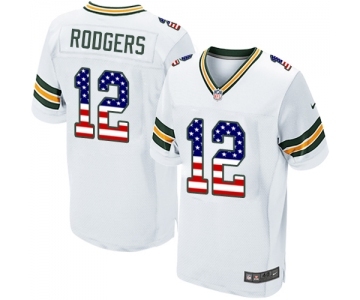 Men's Green Bay Packers #12 Aaron Rodgers Elite White Road USA Flag Fashion Football Jersey