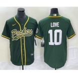 Men's Green Bay Packers #10 Jordan Love Green With Patch Cool Base Stitched Baseball Jersey