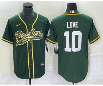 Men's Green Bay Packers #10 Jordan Love Green With Patch Cool Base Stitched Baseball Jersey