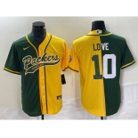 Men's Green Bay Packers #10 Jordan Love Green Yellow Split With Patch Cool Base Stitched Baseball Jersey