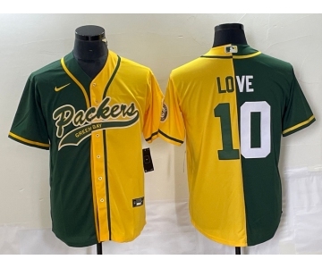 Men's Green Bay Packers #10 Jordan Love Green Yellow Split With Patch Cool Base Stitched Baseball Jersey