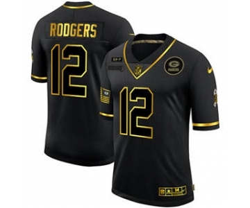 Men's Green Bay Packers #12 Aaron Rodgers 2020 Salute To Service Black Golden Limited Football Jersey