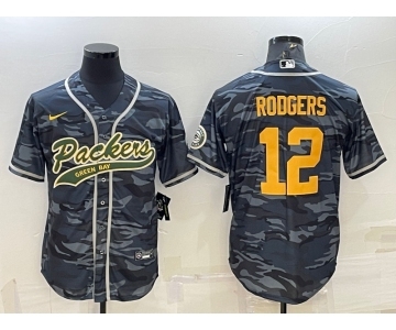 Men's Green Bay Packers #12 Aaron Rodgers Grey Gold Camo With Patch Cool Base Stitched Baseball Jersey