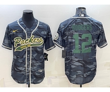 Men's Green Bay Packers #12 Aaron Rodgers Grey Green Camo With Patch Cool Base Stitched Baseball Jersey