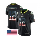 Men's Green Bay Packers #12 Aaron Rodgers Limited Black Rush USA Flag Football Jersey