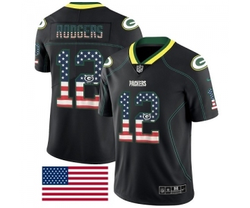 Men's Green Bay Packers #12 Aaron Rodgers Limited Black Rush USA Flag Football Jersey