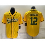 Men's Green Bay Packers #12 Aaron Rodgers Yellow Stitched MLB Cool Base Nike Baseball Jersey