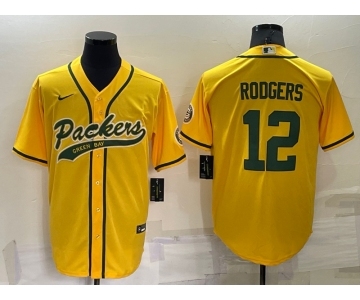 Men's Green Bay Packers #12 Aaron Rodgers Yellow Stitched MLB Cool Base Nike Baseball Jersey