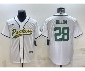 Men's Green Bay Packers #28 AJ Dillon White With Patch Cool Base Stitched Baseball Jersey