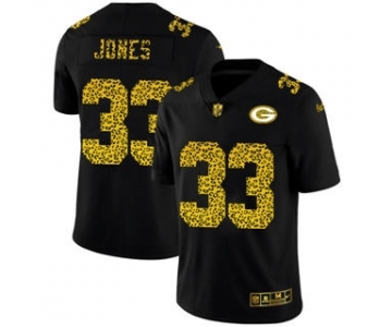 Men's Green Bay Packers #33 Aaron Jones Black Leopard Print Fashion Vapor Limited Football Jersey