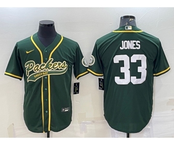 Men's Green Bay Packers #33 Aaron Jones Green With Patch Cool Base Stitched Baseball Jersey