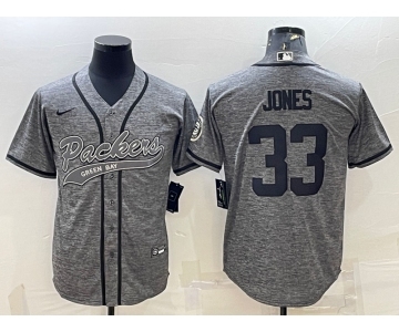 Men's Green Bay Packers #33 Aaron Jones Grey Gridiron With Patch Cool Base Stitched Baseball Jersey