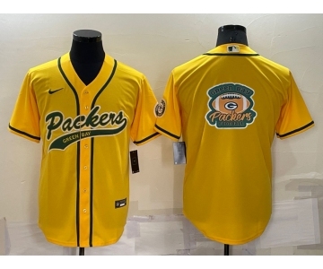 Men's Green Bay Packers Yellow Team Big Logo With Patch Cool Base Stitched Baseball Jersey