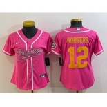 Women's Green Bay Packers #12 Aaron Rodgers Pink Gold With Patch Cool Base Stitched Baseball Jersey