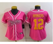 Women's Green Bay Packers #12 Aaron Rodgers Pink Gold With Patch Cool Base Stitched Baseball Jersey