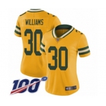 Women's Green Bay Packers #30 Jamaal Williams Limited Gold Rush Vapor Untouchable 100th Season Football Jersey