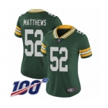 Women's Green Bay Packers #52 Clay Matthews Green Team Color Vapor Untouchable Limited Player 100th Season Football Jersey