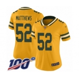 Women's Green Bay Packers #52 Clay Matthews Limited Gold Inverted Legend 100th Season Football Jersey