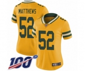 Women's Green Bay Packers #52 Clay Matthews Limited Gold Rush Vapor Untouchable 100th Season Football Jersey