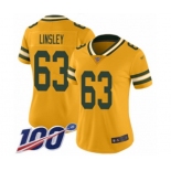 Women's Green Bay Packers #63 Corey Linsley Limited Gold Inverted Legend 100th Season Football Jersey