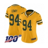 Women's Green Bay Packers #94 Dean Lowry Limited Gold Inverted Legend 100th Season Football Jersey