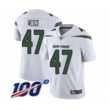 Men's New York Jets #47 Trevon Wesco White Vapor Untouchable Limited Player 100th Season Football Jersey