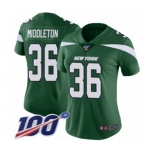 Women's New York Jets #36 Doug Middleton Green Team Color Vapor Untouchable Limited Player 100th Season Football Jersey