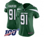 Women's New York Jets #91 Bronson Kaufusi Green Team Color Vapor Untouchable Limited Player 100th Season Football Jersey