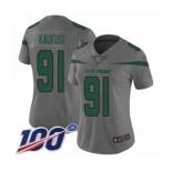 Women's New York Jets #91 Bronson Kaufusi Limited Gray Inverted Legend 100th Season Football Jersey