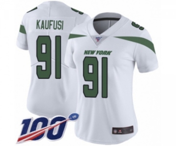 Women's New York Jets #91 Bronson Kaufusi White Vapor Untouchable Limited Player 100th Season Football Jersey