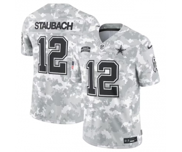 Men's Dallas Cowboys #12 Roger Staubach 2024 Arctic Camo Salute To Service Limited Stitched Football Jersey