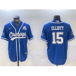 Men's Dallas Cowboys #15 Ezekiel Elliott Light Blue With 1960 Patch Cool Base Stitched Baseball Jersey