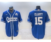 Men's Dallas Cowboys #15 Ezekiel Elliott Light Blue With 1960 Patch Cool Base Stitched Baseball Jersey