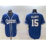 Men's Dallas Cowboys #15 Ezekiel Elliott Royal With Patch Cool Base Stitched Baseball Jersey