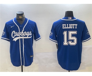 Men's Dallas Cowboys #15 Ezekiel Elliott Royal With Patch Cool Base Stitched Baseball Jersey